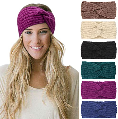 DRESHOW 6 Pièces Bandeau Cheveux pour Femme Bandeaux Hiver Serre-Tête Tricoté Oreille Réchauffeur Chaud Noué Bande Elastique Cheveux