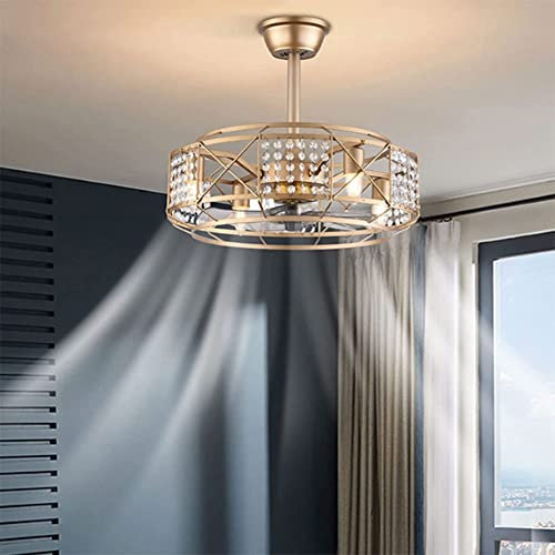 SXSGSM TWG Industrial Caged Ceiling Fan With Lights Remote Control, 20'' Crystal Farmhouse Ceiling Fan With Light Indoor Gold Ceiling Fan Lighting Fixture(Bulbs Not Included) The New