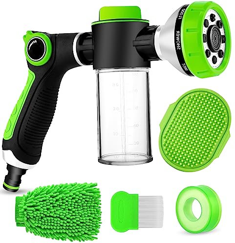 YCCOKJJ Upgrade Dog Washing Hose Attachment with Soap Dispenser, Green ABS+TPR, Globe Valve, Hose Attachment, 9 Ports, Male Thread Connection, Showering Pet & Car Wash
