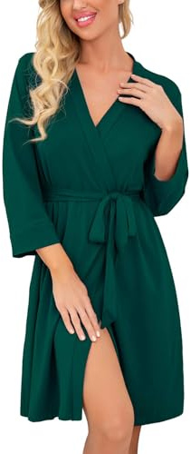 PrinStory Robe de chambre pour femme légère à manches 3/4 - Kimono - Robe courte - Vêtements de nuit, vert foncé, M