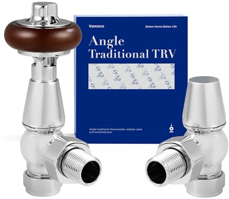 VANCOCO Chrome Angled TRV & Lockshield Pair 1/2×15mm | Traditional radiator valve set fitted with solid wood handwheel, compatible with cast iron and modern heating radiators