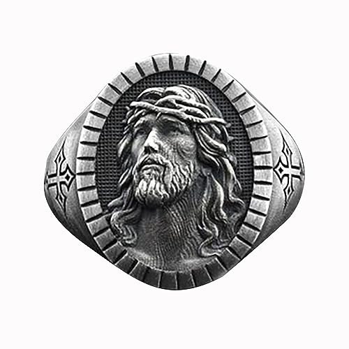 IMINI Hommes Jésus Tête Bague Chrétienne Catholique Croix Signe Religieux Amulette Baptême Bandes Vintage Biker Bijoux Cadeau pour Les Hommes Garçons Femmes Fête des Pères Accessoires, 13, Cuivre