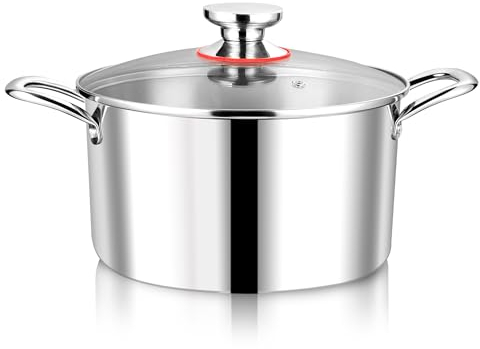 Joyfair Pentola da 22 cm, alta qualità, a 3 strati, in acciaio inox, con coperchio in vetro, 5 l, a induzione, per cucinare/arrostare/zuppe, adatta a tutti i piani cottura, lavabile in lavastoviglie