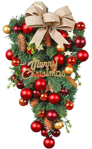 Christmas Teardrop Wreath with Bow and Red Ball Artificial Pine Christmas Wreaths for Front Door Decoration Wall Hanging Garland for Fireplace Xmas Tree Decor
