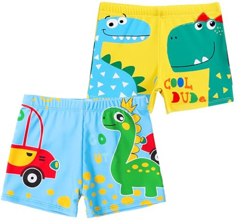 NautySaurs 2-pack pojkar badshorts 5–13 år stora pojkar badmode dinosaurie barn badbyxor, Dinosaurie i blått och gult, 5-7 År