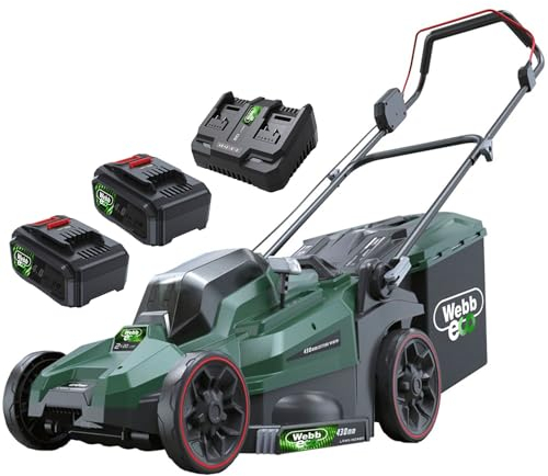 Webb Eco 40V (2 x 20V) Cordless Rotary Lawnmower, 43cm 17inch Cutting Width, 6 Cutting Heights, 50L Collection Bag and Easy Storage - Up to 1 Hour Runtime with 2 x 4Ah Batteries and Dual Charger
