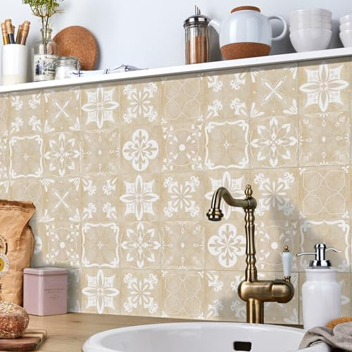 Targawerelax 24 pcs Stickers Carrelage Adhesif Mural Cuisine Salle De Bain, Credence Adhesive, Panneau Mural Decoratif, Pvc Adhesive Murale, Stickers Muraux Autocollant, Blanc beige et élégant