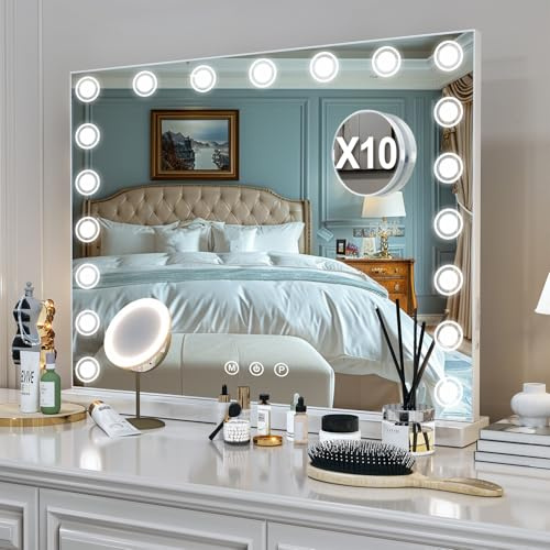 Buildonely Schminkspiegel mit Beleuchtung, 100x80cm Großer Hollywood Spiegel mit Beleuchtung, 19 LED Licht Dimmbare und 3 Lichtmodi, Tischspiegel, Wandspiegel mit Touch Control, Weiß