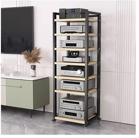 hifi rack Bewegliches Schrankregal für Stereokomponenten mit verstellbarer Ablage – AV-Medienregal für DVD-Player/CD-Wechsler/TV-Zubehör/Spielekonsole – Rollwagen für Audiogeräte auf Rädern(Beige,7 ti