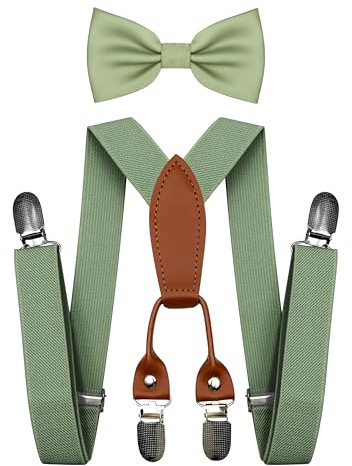 BEWDIO Sage Green Baby Boy Suspenders and Bow Tie Set, Bowtie and Elastic Suspenders with 4 Strong Metal Clips (4-25-1)