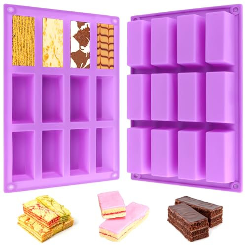 2 Piezas Molde Silicona Rectangulares Moldes Silicona Moldes para Barritas Rectangular de 12 Cavidades Moldes de Barra de Cereal Para Muffins Brownies Pasteles Pan Chocolate Jabones | Púrpura