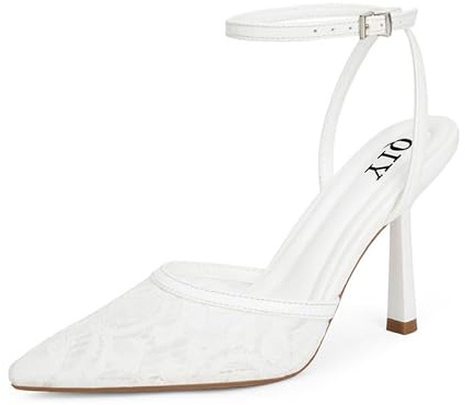 QIY Lace Heels for Women Closed Toe Pointed Toe Pointy Heel Slingback Kitten Stiletto Ankle Strap White Heels Dress Shoes White Pumps Size 9