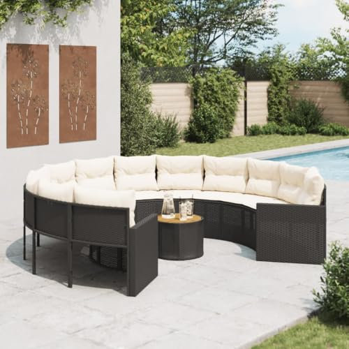 Xichuzi Gartensofa mit Tisch und Kissen Rund Schwarz Poly-Rattan, Balkonmöbel, Gartenlounge, Gartenmöbel, Balkon Sofa, Terrassen Sofa, Terrassenmöbel - 3318539