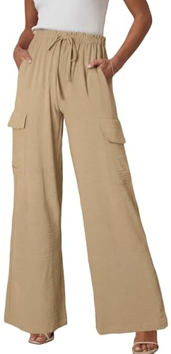 EVALESS Maternity Pants for Women Trendy 2026 Summer Casual Wide Leg Drawstring Flowy Cargo Trousers Beach Vacation Clothes Parchment XL