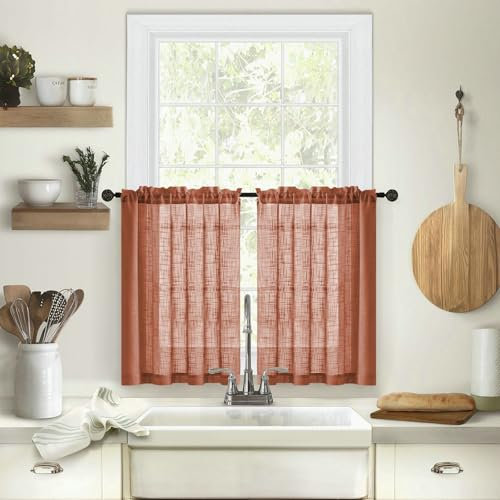 Daesar Kurze Vorhänge Fenster Stangendurchzug 2er Set, Scheibengardinen Halbtransparent Rot Leinenoptik Einfarbig Küchengardinen Bistrogardine Modern 137x45cm