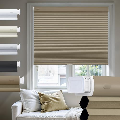 Moonice No Drill Cellular Pleated Blinds for Windows Cordless Cellular Blinds Blackout Color-Matched Thermal Insulated Shades 3.8cm Honeycomb Shade for Home (Coffee, 190cm W x 185cm H)