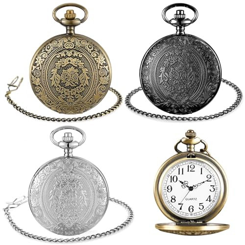 BORDEAG Vintage Taschenuhr, 3 Stück Retro Quarz Taschenuhren, Retro Taschenuhr Herren mit Kette, Klassische Herren-Taschenuhren für Männer Frauen Vater Opa Geburtstag Jahrestag