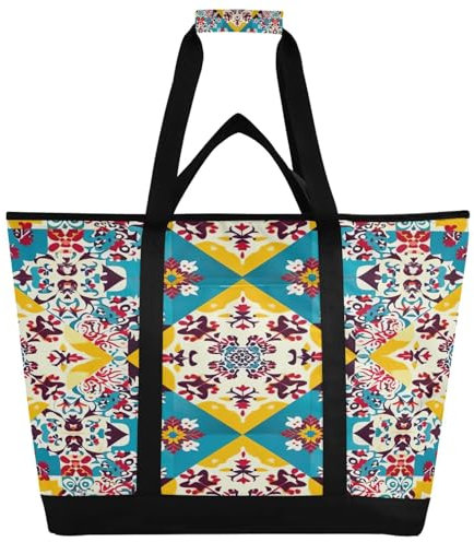 JUMBEAR Schöne große Kühltasche im mexikanischen Stil mit Keramikfliesen, isolierte Lebensmittel-Liefertasche, faltbare Lunchtasche, auslaufsichere Kühltasche, Tragetasche für Strand, Camping,