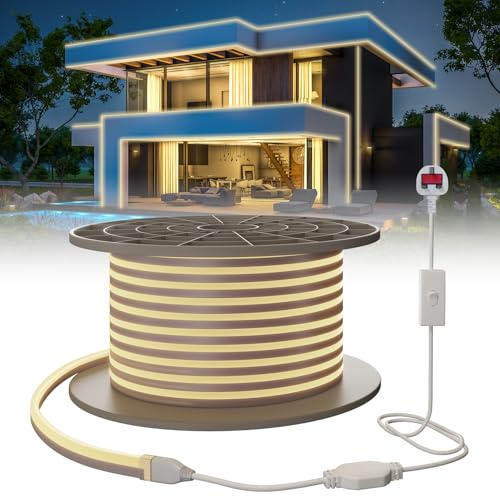 SUCIKORIO Neon Led Strip Light 15m / 49.2ft, Waterproof IP65 LED Strip Lights Natural White 4000K Cuttable Flexible Neon Rope Light 240V DIY LEDs Lights with Power Supply for Bedroom, Indoor & Outdoor