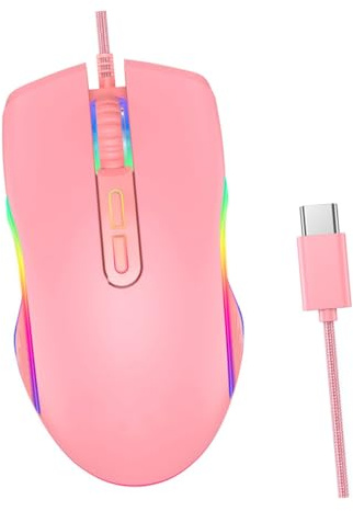 FUNNETOYU Souris USB Optique RGB Filaire pour Gamer Femme, Connecteur Type-c, Couleur Rose Éclairage Lumineux, Ergonomique, Usage Bureau Et Jeu Vidéo