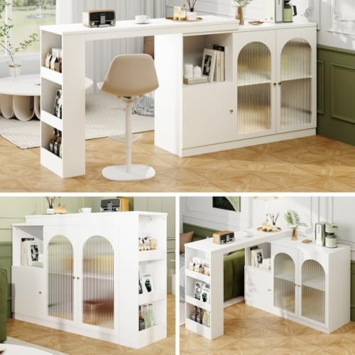 Lahoomu Um 360° Drehbarer Bartisch (Hauptkörper 120 x 40 x 97 cm), Weißer Rotierender ESS- und Barschrank, Multifunktionaler Aufbewahrungsschrank mit Glastür