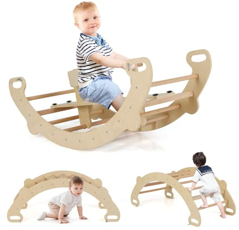 COSTWAY Arco de Escalada para Niños Montessori, 4 en 1 Juguetes de Escalada de Madera, Juego de Interior con Escalador de Arco, Balancín, Túnel para Gatear, Respaldo y Asiento Lisos (Natural)