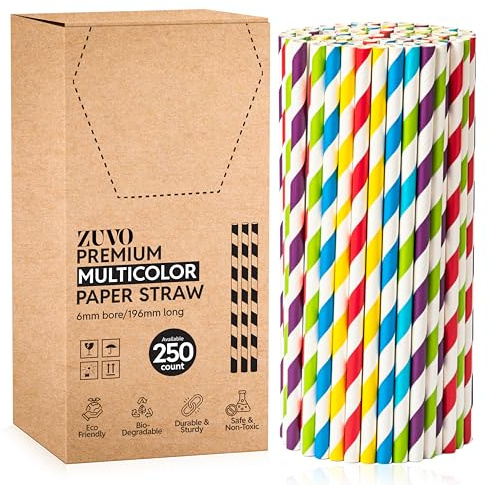 ZUVO – Disposable Paper Drinking Straws (250 Pack | 20cm) | Biodegradable Eco-Friendly Striped Straws | Sturdy Multi-Layer Smoothie, Cocktail, Milkshake & Party Straws, Rainbow
