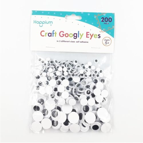 Happium 200 Pieces Wiggle Googly Eyes Self Adhesive Assorted Black White Eyes for DIY Crafts Decoration, Self-Adhesive, Sizes 6mm, 10 mm, 15mm, Soft Doll Making