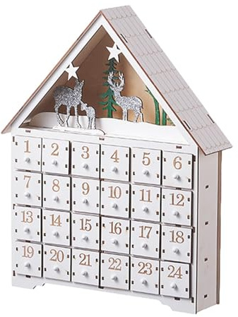 Maison de Noël en bois – Calendrier de compte à rebours blanc avec 24 tiroirs et lumières LED, affichage festif élégant | Organisateur de Noël décoratif pour, adultes, bureau à domicile et sal