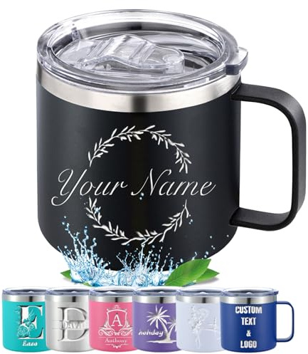 Taza aislada personalizada con logotipo, nombre inicial, texto de 12 y 14 onzas, taza de acero inoxidable personalizada con tapa, vaso aislado al vacío de doble pared para café y té, estilo 07