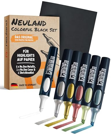 Neuland Colorful Black Set I 5x No.One Metallic-Marker Mix-Set mit Keilspitze & No.One Cover Marker mit Rundspitze I Inkl. BlackSpace Sketchbooklet I Nachfüllbare Metallic Stifte & Flipchartmarker