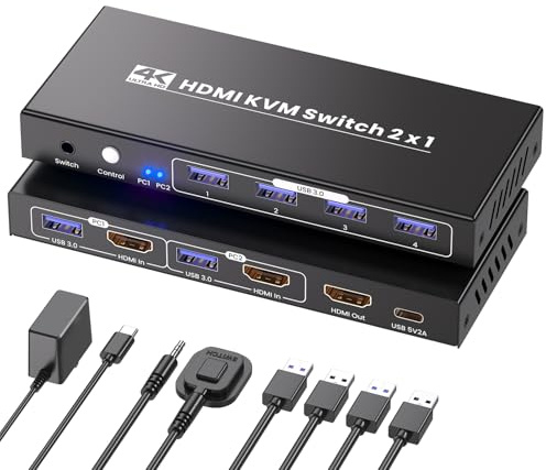 HDMI KVM Switch 1 Monitor 2 Computers, USB 3.0 4K60Hz 2 Port KVM Switch, 2 PCs Share 1 Monitor and 1 Set of Keyboard Mouse, 4 USB 3.0 Ports for Peripheral