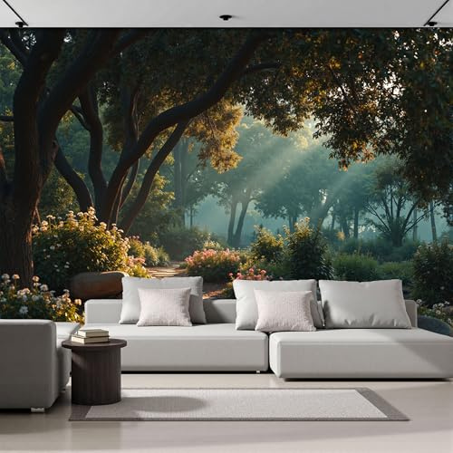 ANALTIRCE Papier Peint Panoramique Chemin Forestier, Papier Peint Naturel Buissons, Fresque Murale Intissée Vert Non Tissé Décoration XXL Murale Pour Salon, Chambre, Bureau 500×350 cm