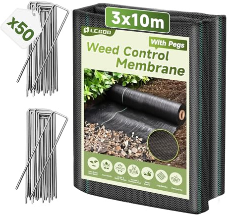 LCGOD Telo Pacciamatura Anti Erbacce 3x10m con 50 Picchetti | Tessuto ad alta densità resistente alla rottura e ai raggi UV, ideale per giardini, orti e coltivazioni