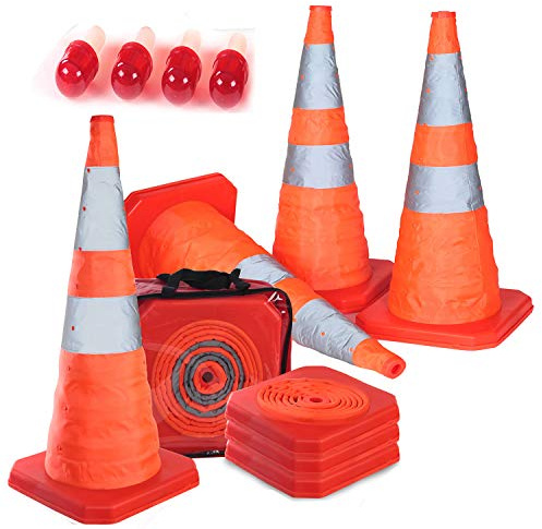 4PC 27.6 Collapsible Traffic Cones with Nighttime LED Lights Pop up Safety Road Parking Cones Weighted Hazard Cones Construction Cones Fluorescent Orange w/2 Reflective Silver Strips Collar
