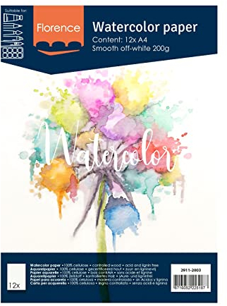 Florence 2911-2003 Vaessen Creative Aquarellpapier A4 in Elfenbein Weiß, aus 200 g/m² Glattem Papier, 12 Blatt für Aquarellmalerei, Handlettering und Brush Lettering, stück