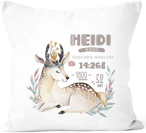 SpecialMe® personalisierbares Kissen zur Geburt Rehkitz Watercolor, Geburtskissen Mädchen, Namenskissen Geschenk Geburt, Kissen-Bezug ohne Füllung weiß Unisize