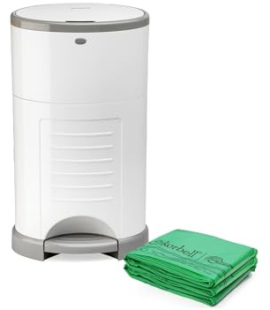 Korbell Mini Nappy Bin & Disposable Liner Bundle Lasting Up to 6 Months | 28 weeks Hygienic, Odour Free & Hands Free |Includes 4 Packs of Biodegradable Liners | Pure White