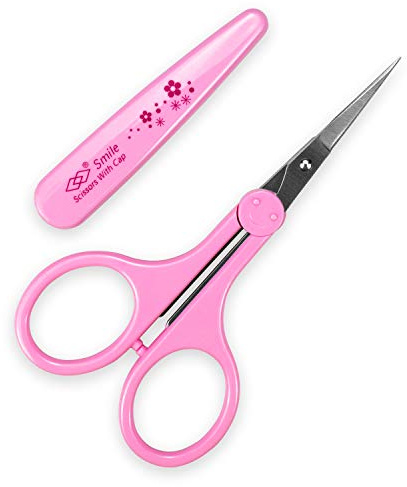 Humbee Eyebrow Scissors, Small Scissors for Facial, Nose, Eyebrow, Mustache, and Beard Hair Trimming & Grooming, Straight Edge, Pink Long Cap