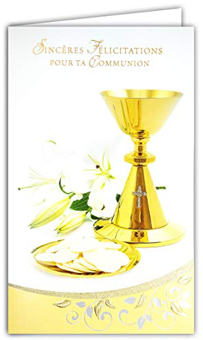 Afie 19-632 kort med kuvert Grattis till din COMMUNION i guld silver glänsande Osties skärning katolskt kors blommor vita liljor fest våren