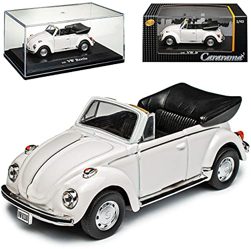 Cararama Volkwagen Käfer 1303 Cabrio Weiss 1972-1975 mit Sockel und Vitrine 1/43 Modell Auto
