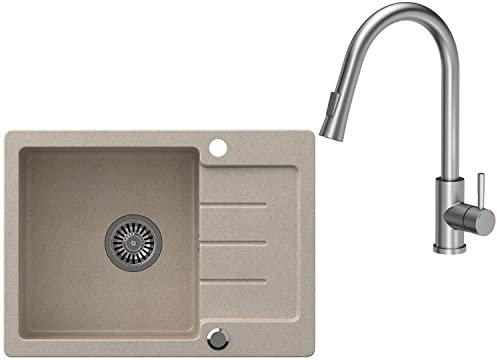VBChome Spülbecken mit Armatur 60 x 44 cm Einzelbecken Grau Granit Rechteckig Reversibel Einbauspüle Gesprenkelt Großes Tiefes Becken Siphon Armatur Unterschranke ab 50 cm