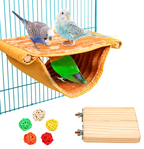 Vogel Hängematte Etagenbett, Vogelnest Höhlen Schlafplätze Vogelkäfig Zubehör Vogel Spielzeug Inkl. Vogelsitzbrett und 5 Rattan Ball für Wellensittich Nymphensittich Finken Hamster Rennmaus (Gelb)
