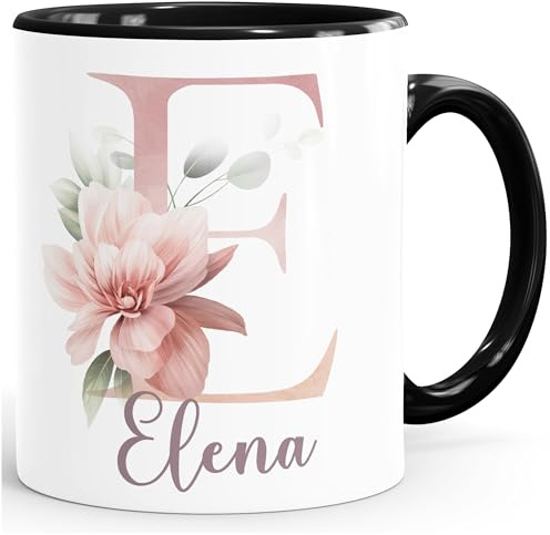 SpecialMe® Kaffee-Tasse Name Initiale Blumen Eukalyptus Floral Monogramm personalisierte Geschenke Inner-schwarz Keramik-Tasse