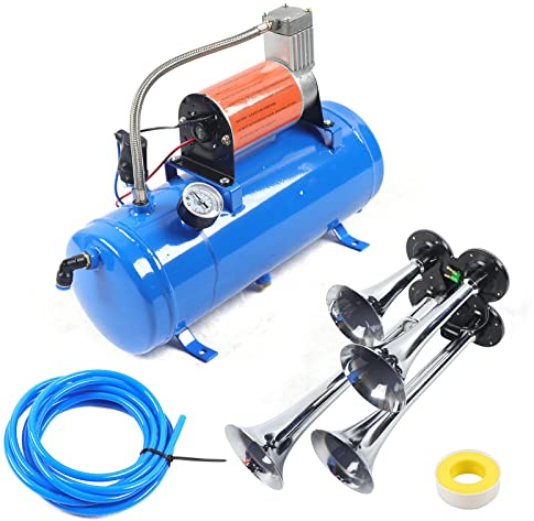 4 Trumpet Train Luft Horn Kit Und 12V 150PSI Luft Kompressor 150dB Mit 6L Tank für Autoreifen, Fahrräder