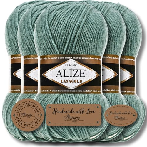 Hobby YARN 3x Etikettenlabel mit Alize Lanagold Wolle Premium 5x100g als Set, Yarn, Garn, Strickgarn, Einfarbig, Baby, zum Häkeln, Stricken, Kleidung, Schals (Azure - 386)