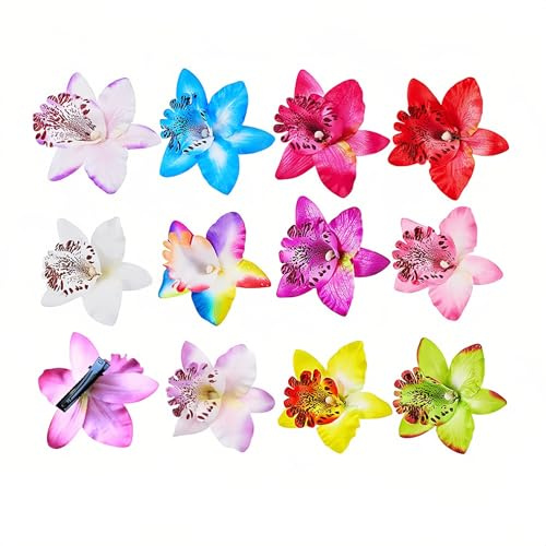 12 x Bohemia-Orchideen-Blumen-Krokodil-Clips, hawaiianische Hochzeit, Party, Strand, Party, Blumen-Clips, Haarnadeln, Kopfbedeckung, Haarspange für Damen, Mädchen