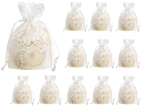 HYKITDAY Lot de 12 sacs à dragées de mariage avec cordon de serrage pour bijoux, bonbons, fêtes Blanc