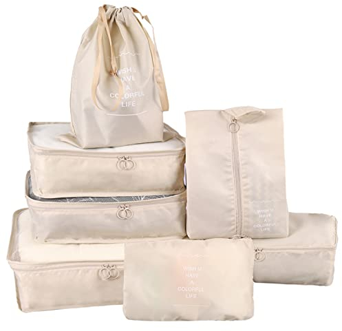 Koffer Organizer Set, Reise Packing Cubes für Koffer, Packwürfel für Kleidung, Packtaschen Kleidertaschen Schuhbeutel Reiseorganizer Kosmetik Travel Organizer 7-teilig Beige