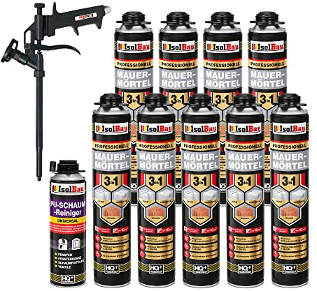 Isolbau Kit de mousse pour mortier de maçonnerie - Pistolet à mousse téflon - Nettoyant PU - Mousse adhésive - Mortier en polyuréthane - 9 x 750 ml